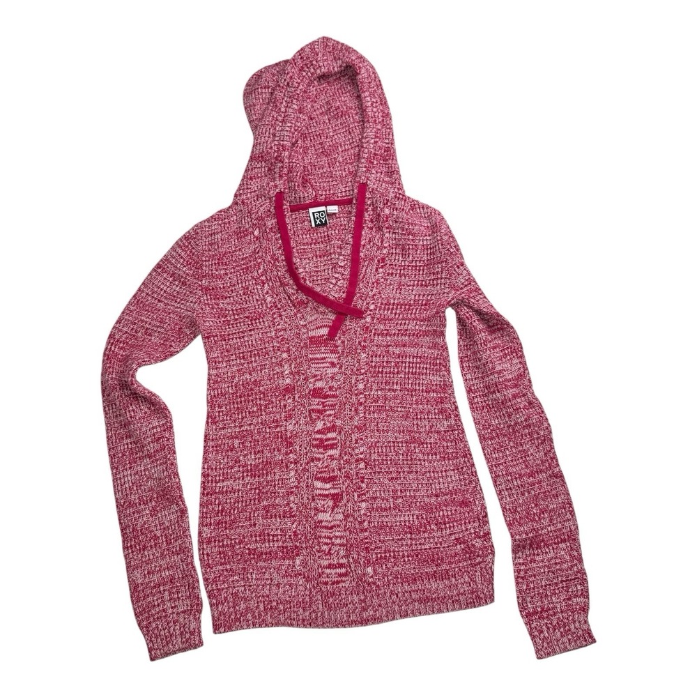 Roxy Women's Small Red White Marled Knit Hooded Sweater Lace Up Y2K Surf